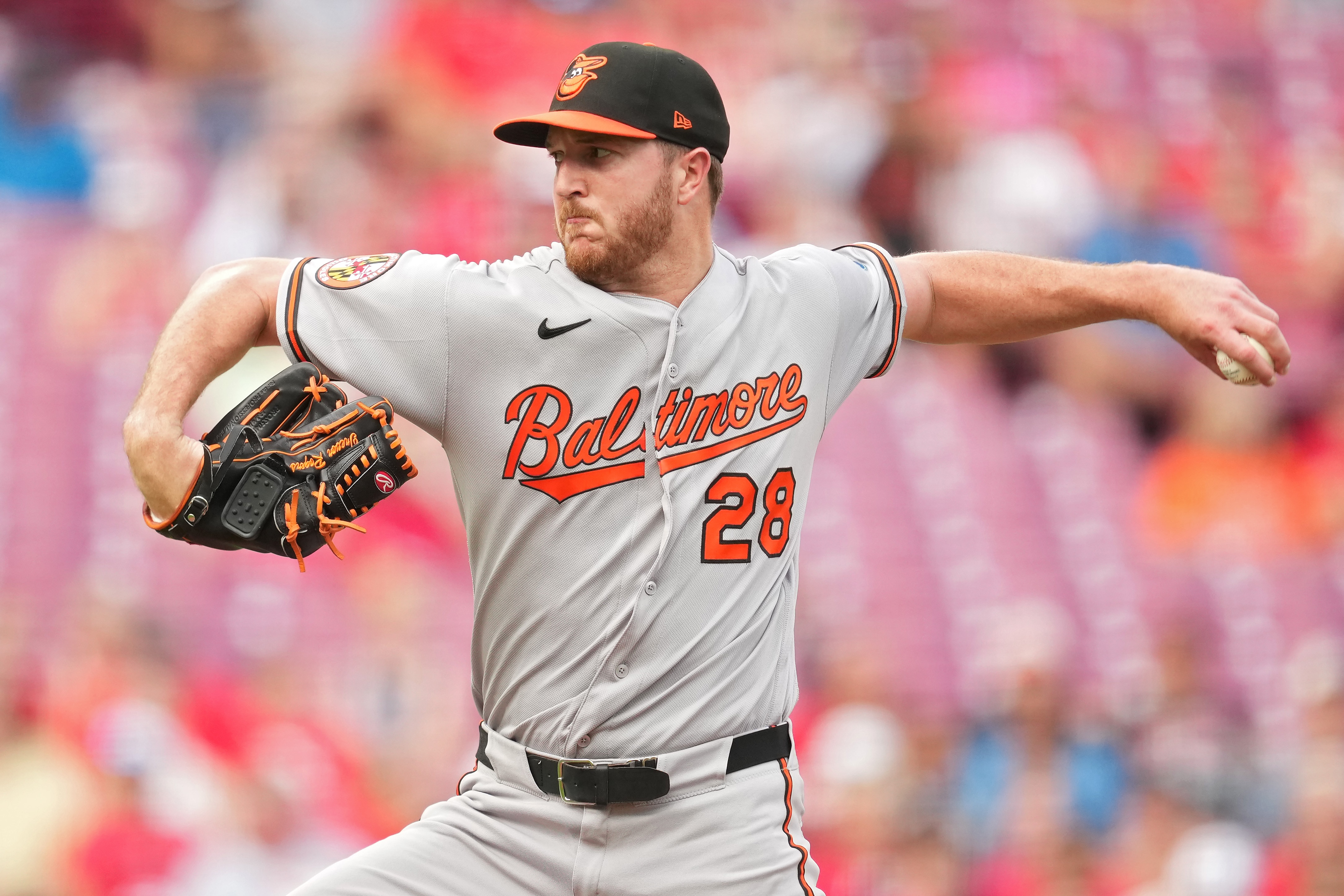 Orioles pitcher Trevor Rogers throws during the first inning against the Cincinnati Reds.