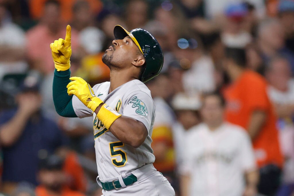 Tony Kemp, #5 of the Oakland Athletics, hits a solo home run during the fifth inning against the Houston Astros at Minute Maid Park on Sept. 12, 2023 in Houston, Texas. (Photo by Carmen Mandato/Getty Images)