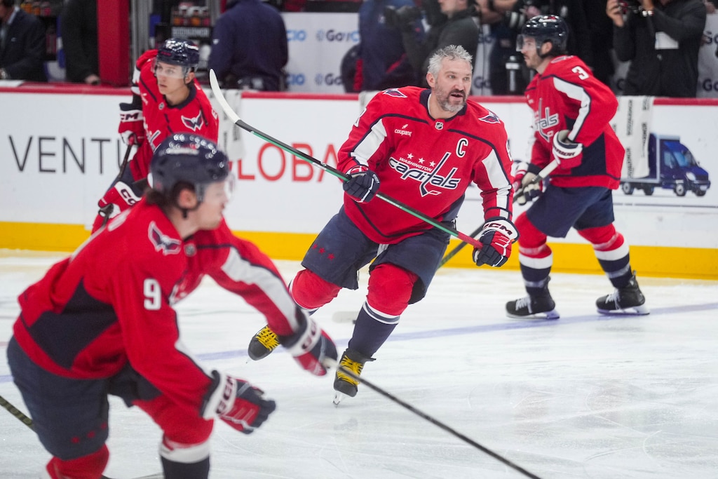 Washington Capitals left wing Alex Ovechkin (8) takes the ice to warm up with teammates ahead of an NHL match against the Pittsburgh Penguins at Capital One Arena in Washington, D.C. on Sunday, April 12, 2026.