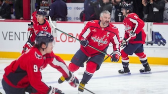 Washington Capitals left wing Alex Ovechkin (8) takes the ice to warm up with teammates ahead of an NHL match against the Pittsburgh Penguins at Capital One Arena in Washington, D.C. on Sunday, April 12, 2026.