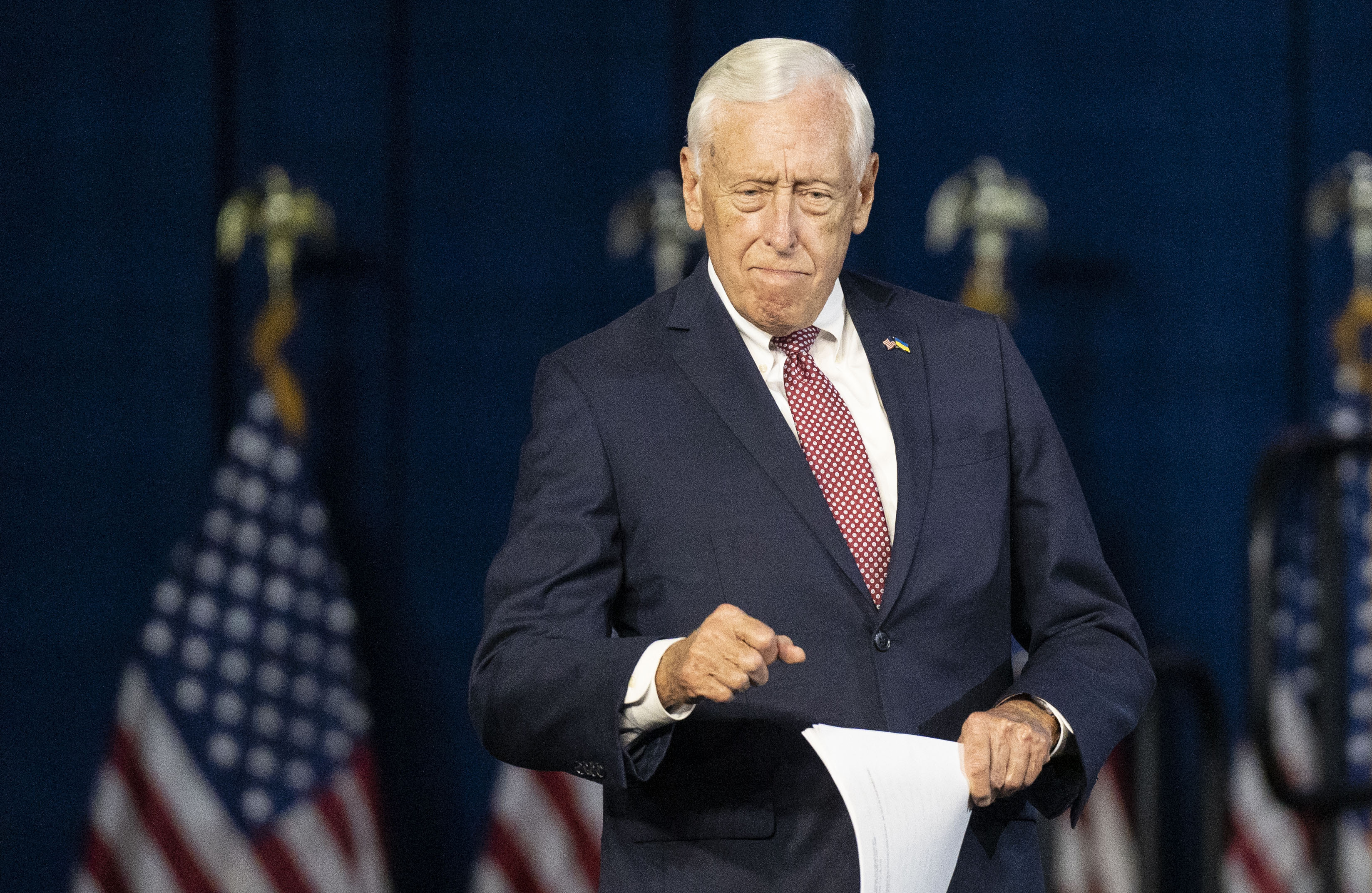 U.S. House Majority Leader Steny Hoyer dances across the stage before speaking at a campaign event in support of gubernatorial candidate Wes Moore at Bowie State University, in Bowie on Nov. 7, 2022.