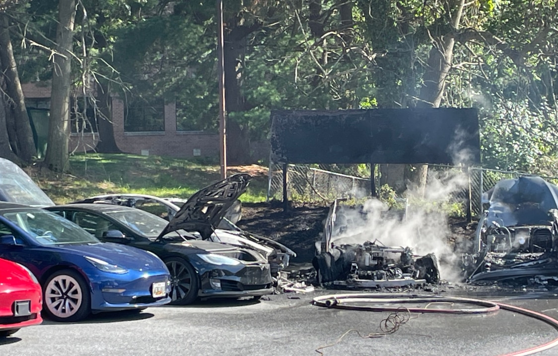 Baltimore County firefighters responded to a Tesla dealership on Reisterstown Road after four vehicles caught fire Wednesday (June 24, 2026), with hazmat crews called in to help cool the vehicles and monitor for potential hazards.
