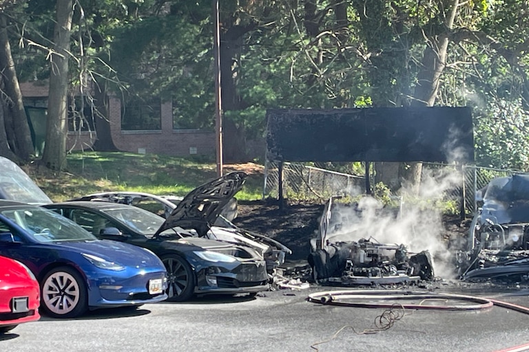Baltimore County firefighters responded to a Tesla dealership on Reisterstown Road after four vehicles caught fire Wednesday (June 24, 2026), with hazmat crews called in to help cool the vehicles and monitor for potential hazards.