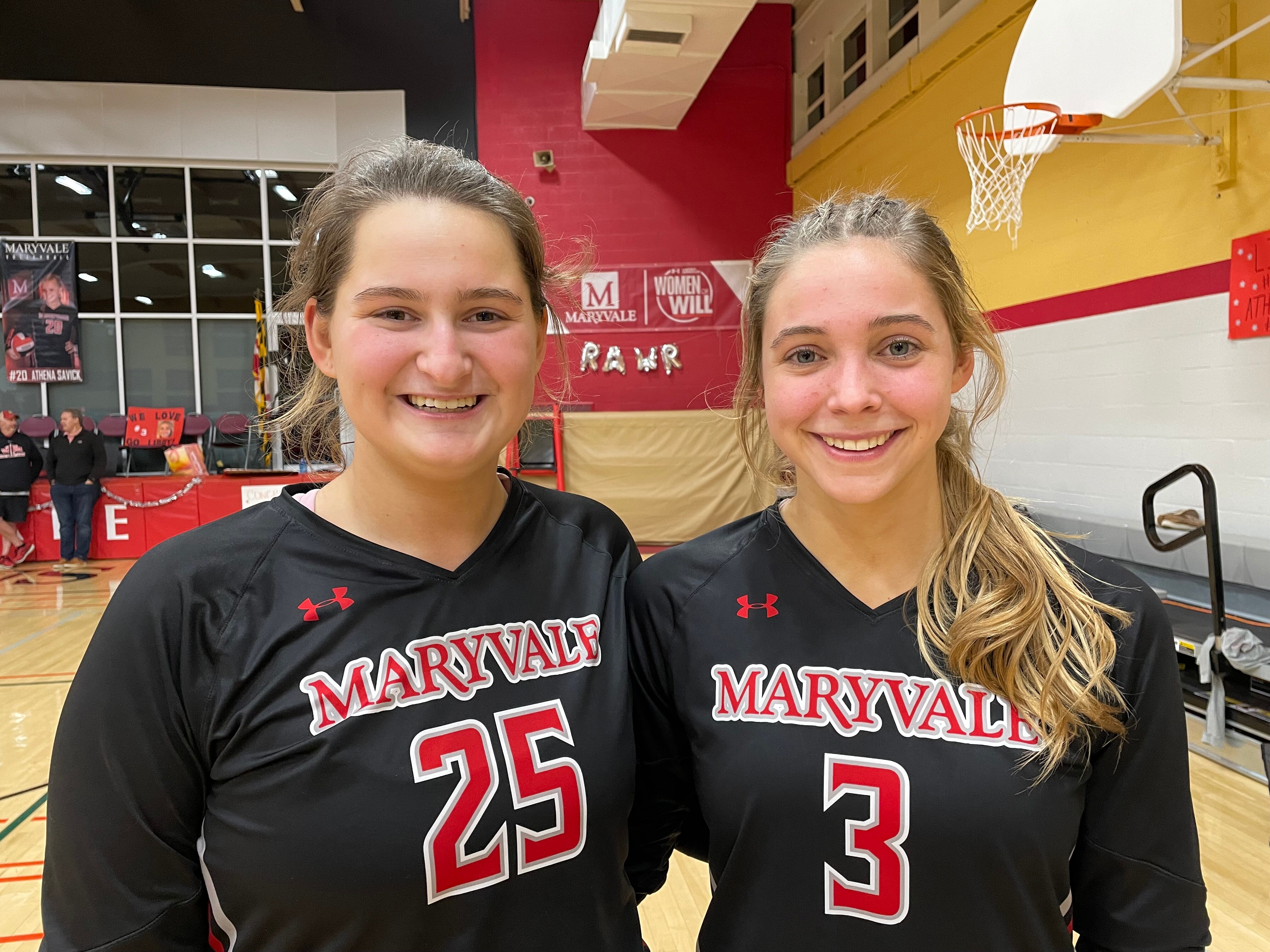 Maryvale Prep’s Samantha Elliott (25) and Libby Potter (3) had 18 kills each to lead the No. 9 Lions past Mount de Sales, 3-0, in Thursday’s IAAM A Conference volleyball semifinal. The victory sets up a title-game showdown Sunday at 6 p.m. at Stevenson University between the defending champion Lions and No. 9 Archbishop Spalding, the only A Conference team to beat them this season.