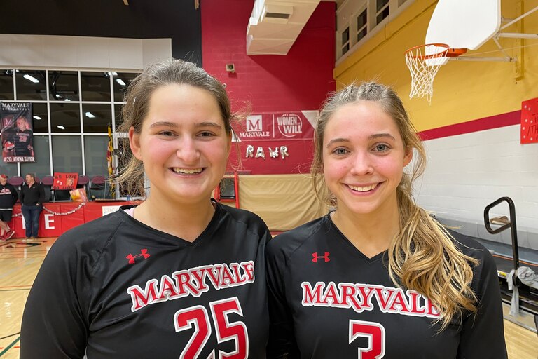 Maryvale Prep’s Samantha Elliott (25) and Libby Potter (3) had 18 kills each to lead the No. 9 Lions past Mount de Sales, 3-0, in Thursday’s IAAM A Conference volleyball semifinal. The victory sets up a title-game showdown Sunday at 6 p.m. at Stevenson University between the defending champion Lions and No. 9 Archbishop Spalding, the only A Conference team to beat them this season.