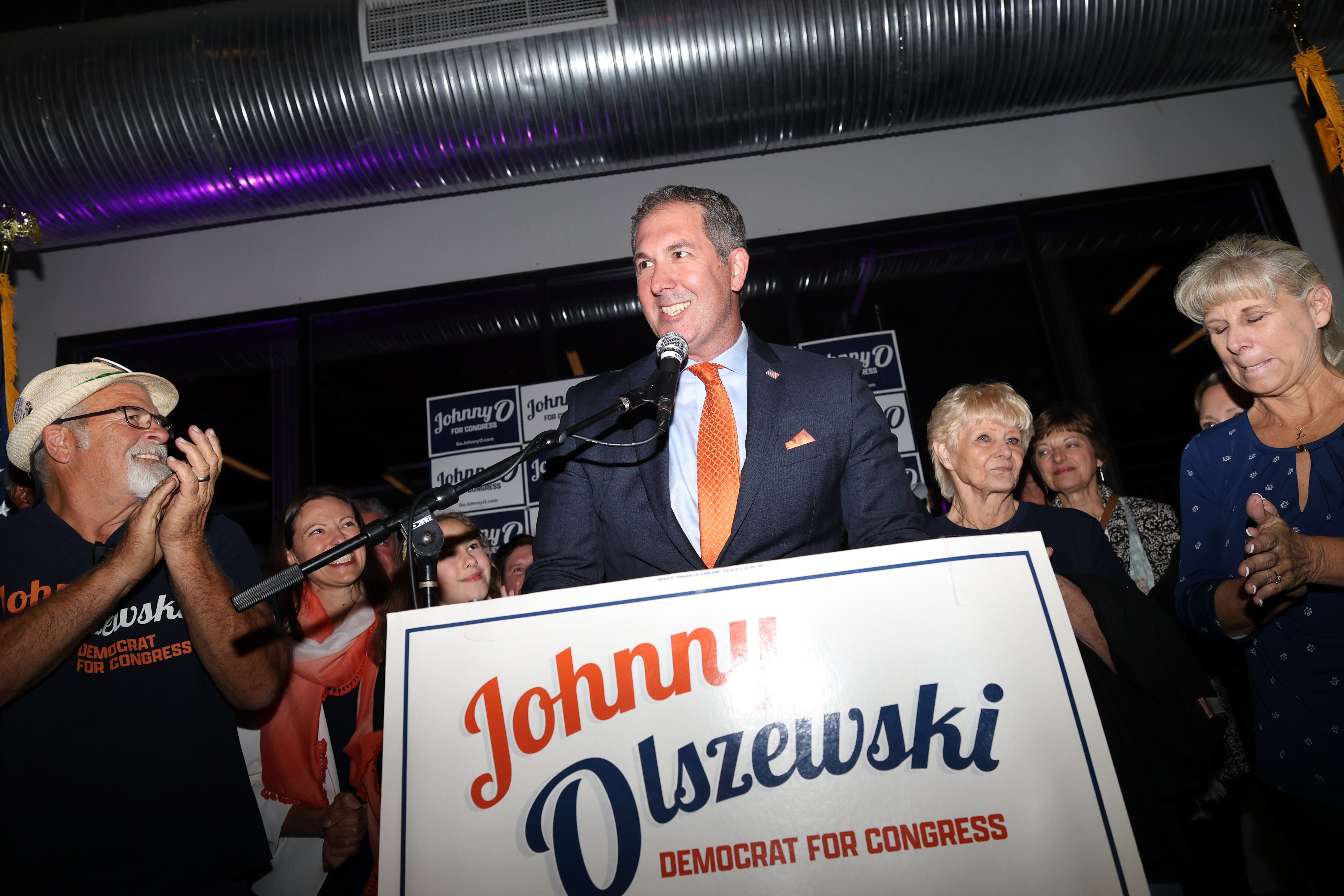 Johnny Olszewski celebrates his win during his election night watch party at Union Craft Brewing in Baltimore, MD on Nov. 5, 2024
