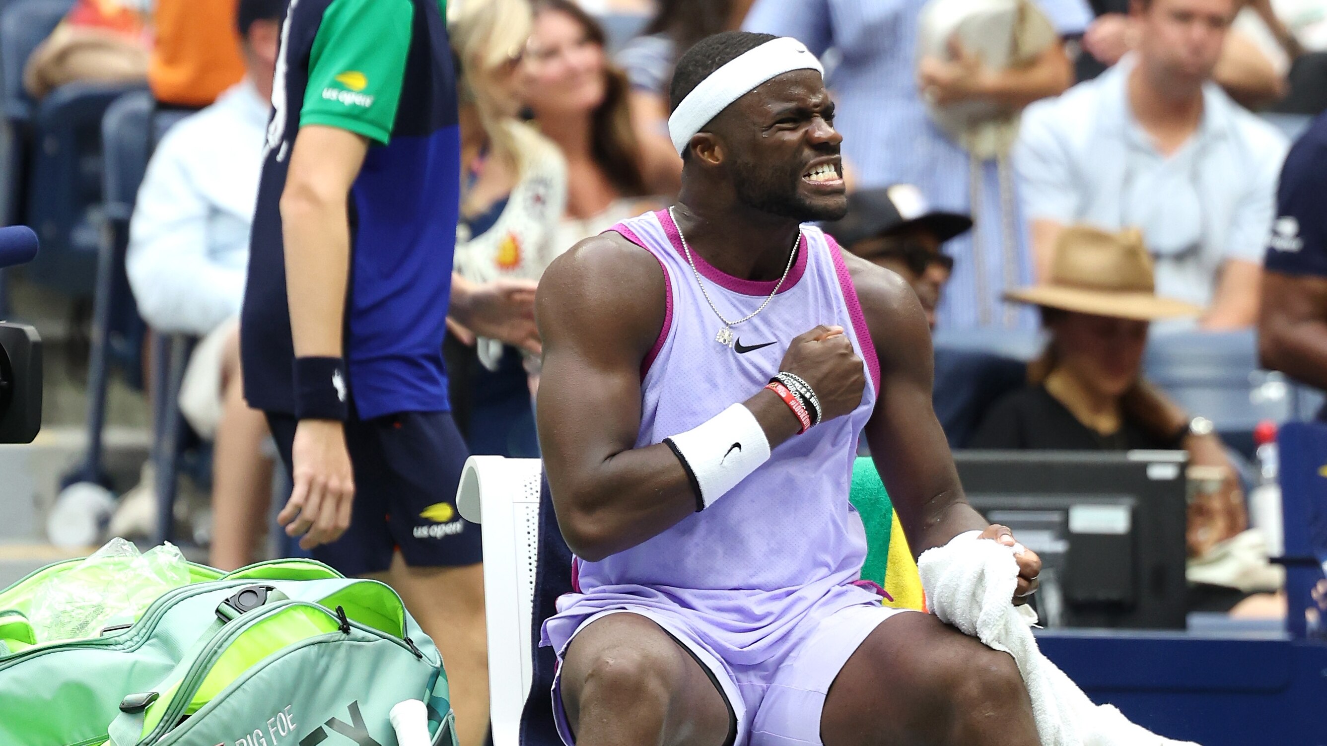 NEW YORK, NEW YORK - AUGUST 30: Frances Tiafoe of the United States reacts against Ben Shelton of the United States during their Men's Singles Third Round match on Day Five of the 2024 US Open at USTA Billie Jean King National Tennis Center on August 30, 2024 in the Flushing neighborhood of the Queens borough of New York City. (Photo by Jamie Squire/Getty Images)