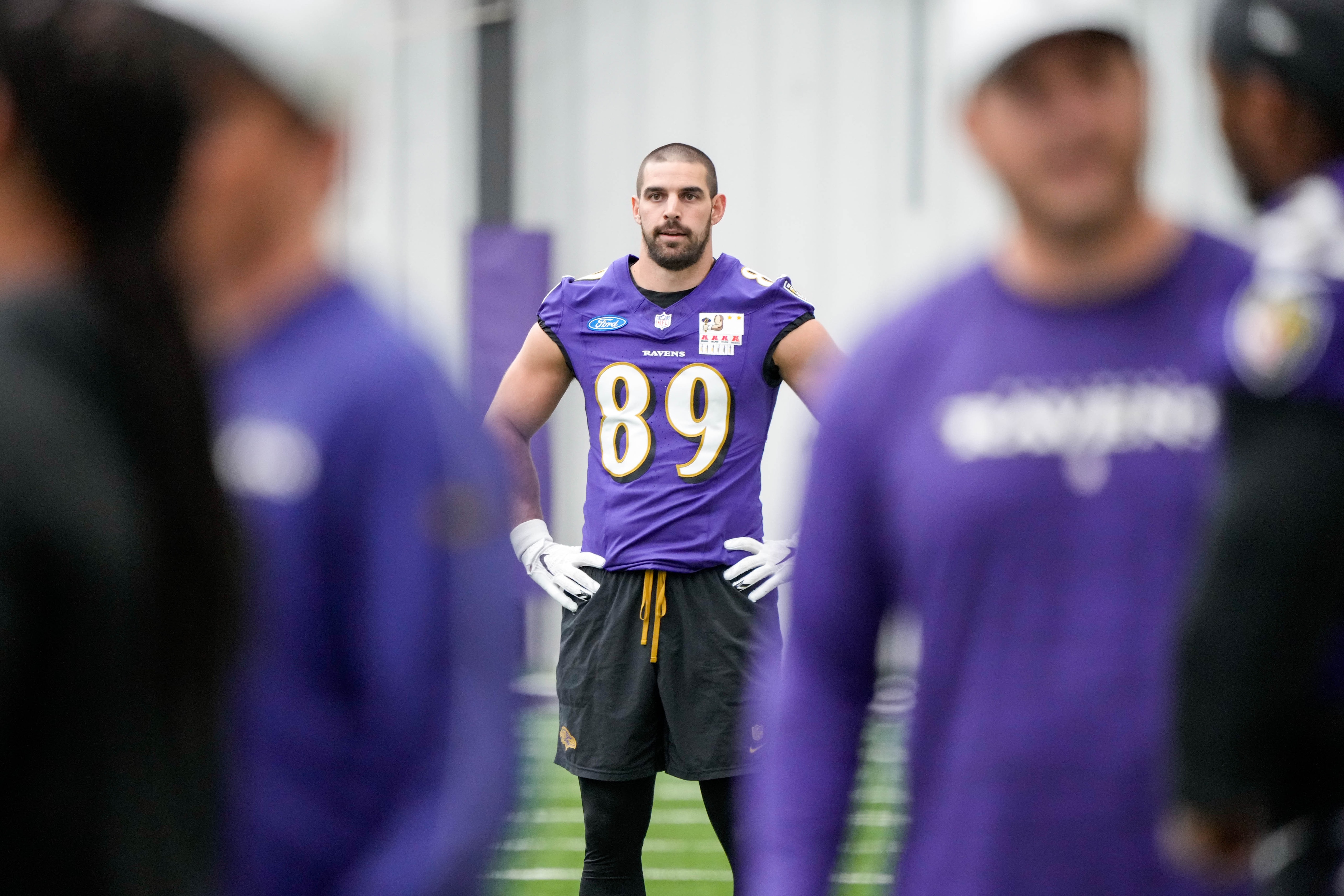 Ravens tight end Mark Andrews pauses between drills Wednesday during organized team activities in Owings Mills.