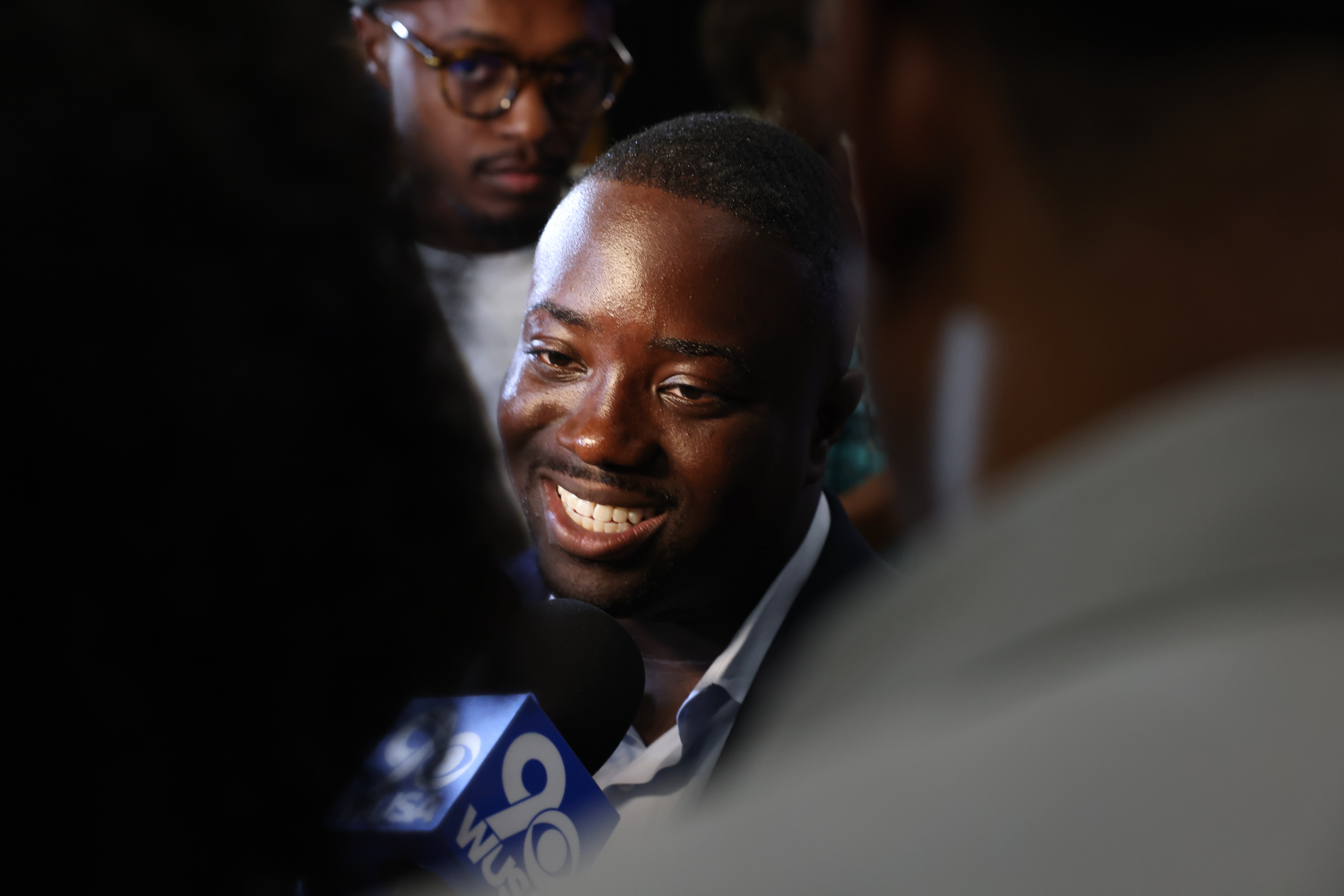 Adrian Boafo addresses supporters at his primary election night watch party at IBEW Local 26 in Lanham on Tuesday evening.