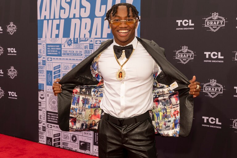 KANSAS CITY, MISSOURI - APRIL 27: Zay Flowers during the NFL Draft Red Carpet at the National WWI Museum and Memorial on April 27, 2023 in Kansas City, Missouri.