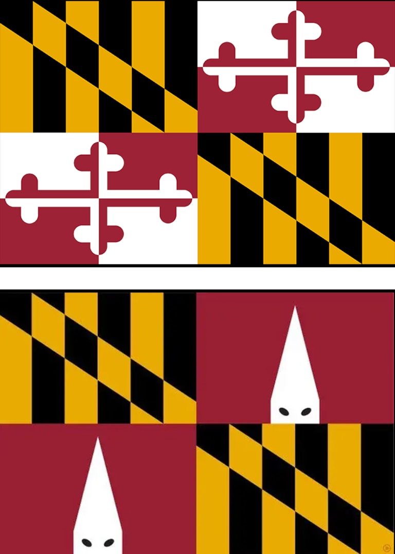 The bottom image was created by graphic illustrator Benjamin Jancewicz in 2017 for a blog post examining the Confederate Symbols in the Maryland state flag, which is seen at top. “The intention of this illustration was to highlight the history of racism in Maryland and how it affects Maryland today,” Benjamin Jancewicz said.