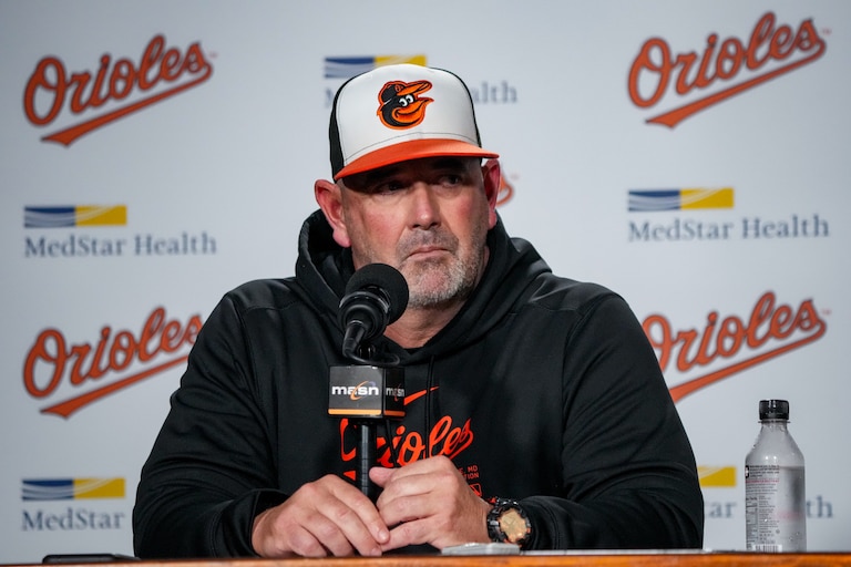 Baltimore Orioles manager Brandon Hyde takes questions from reporters after the third game of a series against the Detroit Tigers at Camden Yards in Baltimore on Sunday, September 22, 2024.