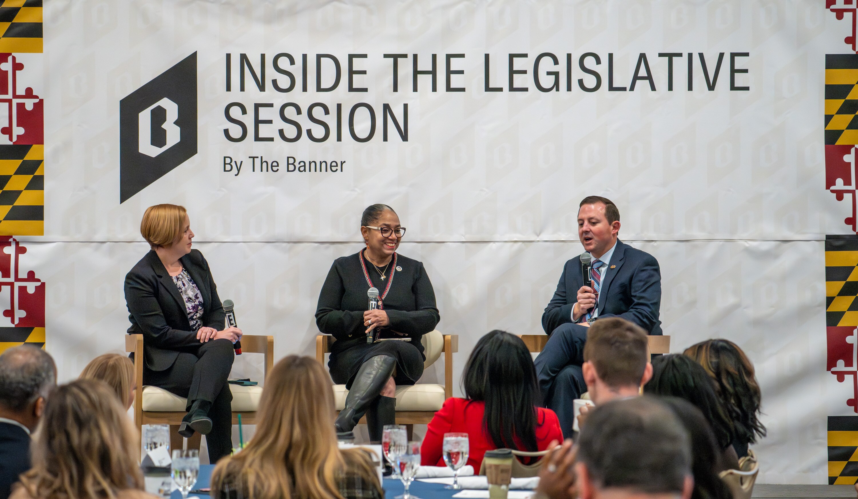 Senate President Bill Ferguson, right, and Speaker of The Maryland House Of Delegates Joseline A. Peña-Melnyk with Pamela Wood, Banner Politics reporter, during the Inside the Legislative Session event at The Graduate in Annapolis on Tuesday, January 20, 2026.