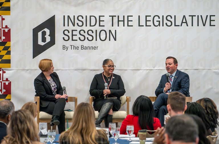 Senate President Bill Ferguson, right, and Speaker of The Maryland House Of Delegates Joseline A. Peña-Melnyk with Pamela Wood, Banner Politics reporter, during the Inside the Legislative Session event at The Graduate in Annapolis on Tuesday, January 20, 2026.