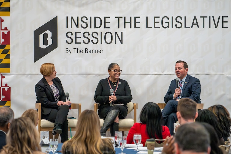 Senate President Bill Ferguson, right, and Speaker of The Maryland House Of Delegates Joseline A. Peña-Melnyk with Pamela Wood, Banner Politics reporter, during the Inside the Legislative Session event at The Graduate in Annapolis on Tuesday, January 20, 2026.