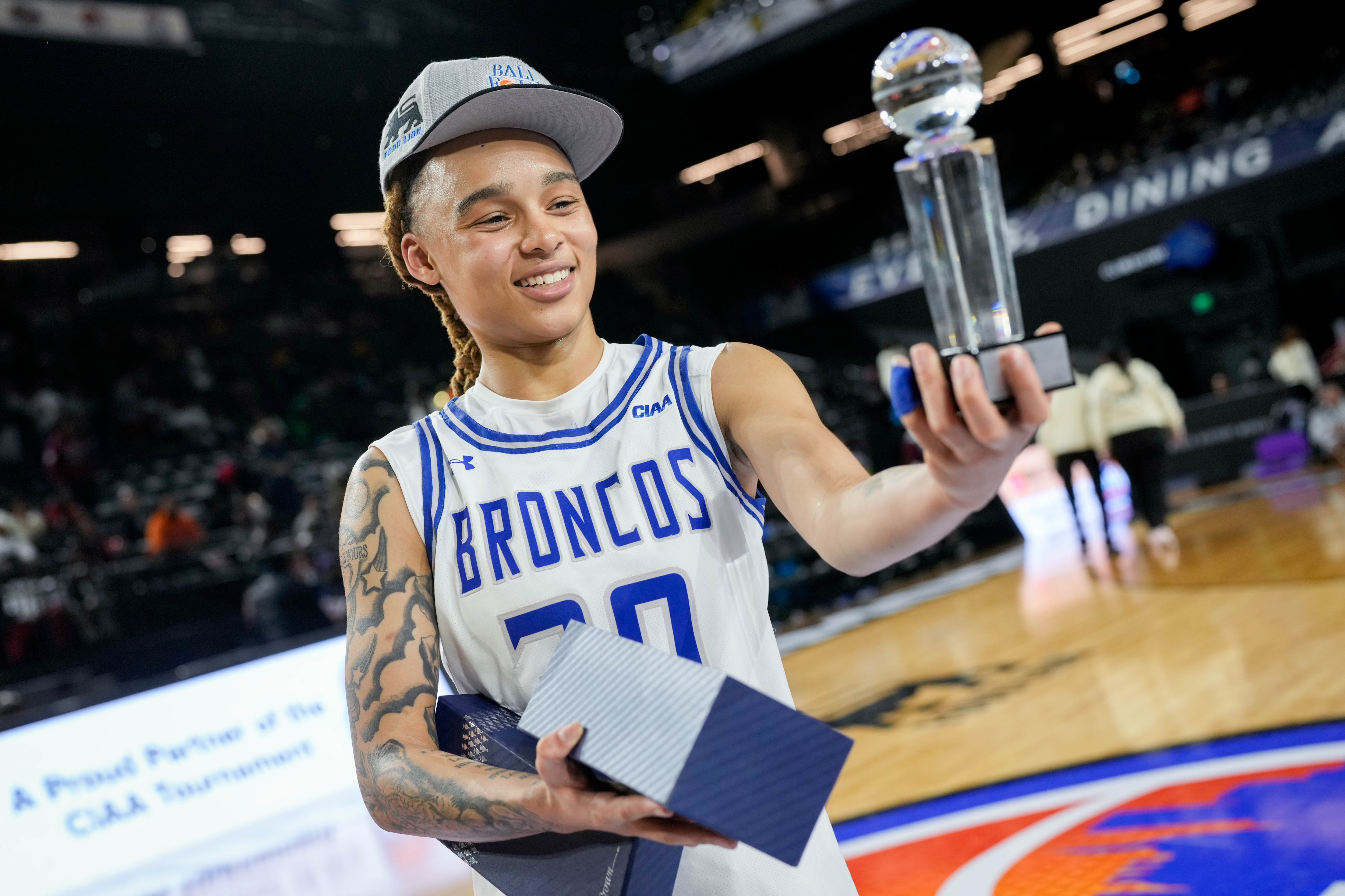 Fayetteville State’s Talia Trotter holds her MVP trophy following a win over Virginia Union University on Thursday.