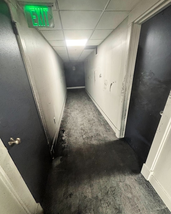 About one week after a fire at the Berkshires at Town Center Apartments in Towson, the 10th floor hallways was stained with soot, and some lights were not functioning.
