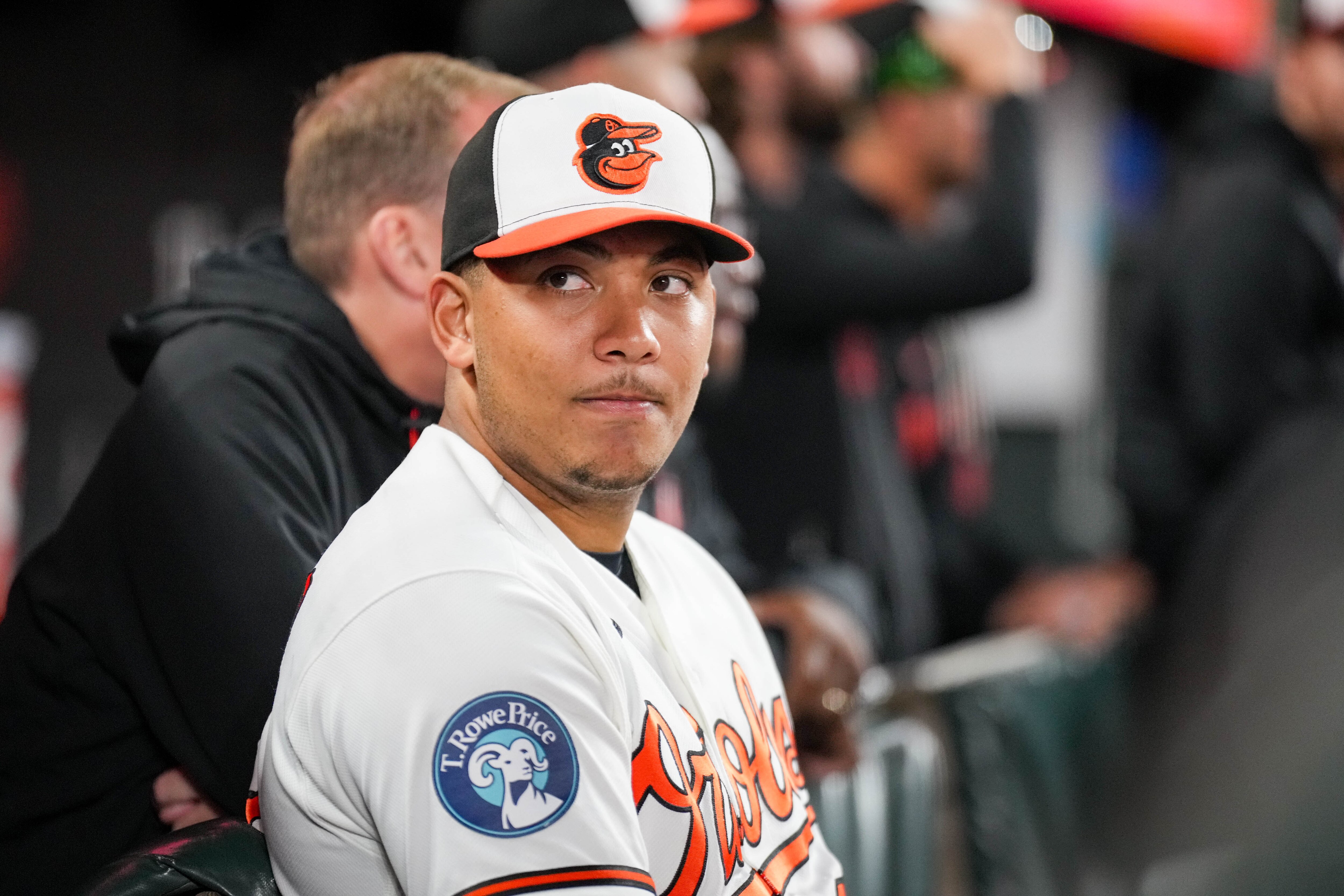 Orioles catcher Samuel Basallo observes his teammates from the dugout during a game against the Houston Astros on April 28.
