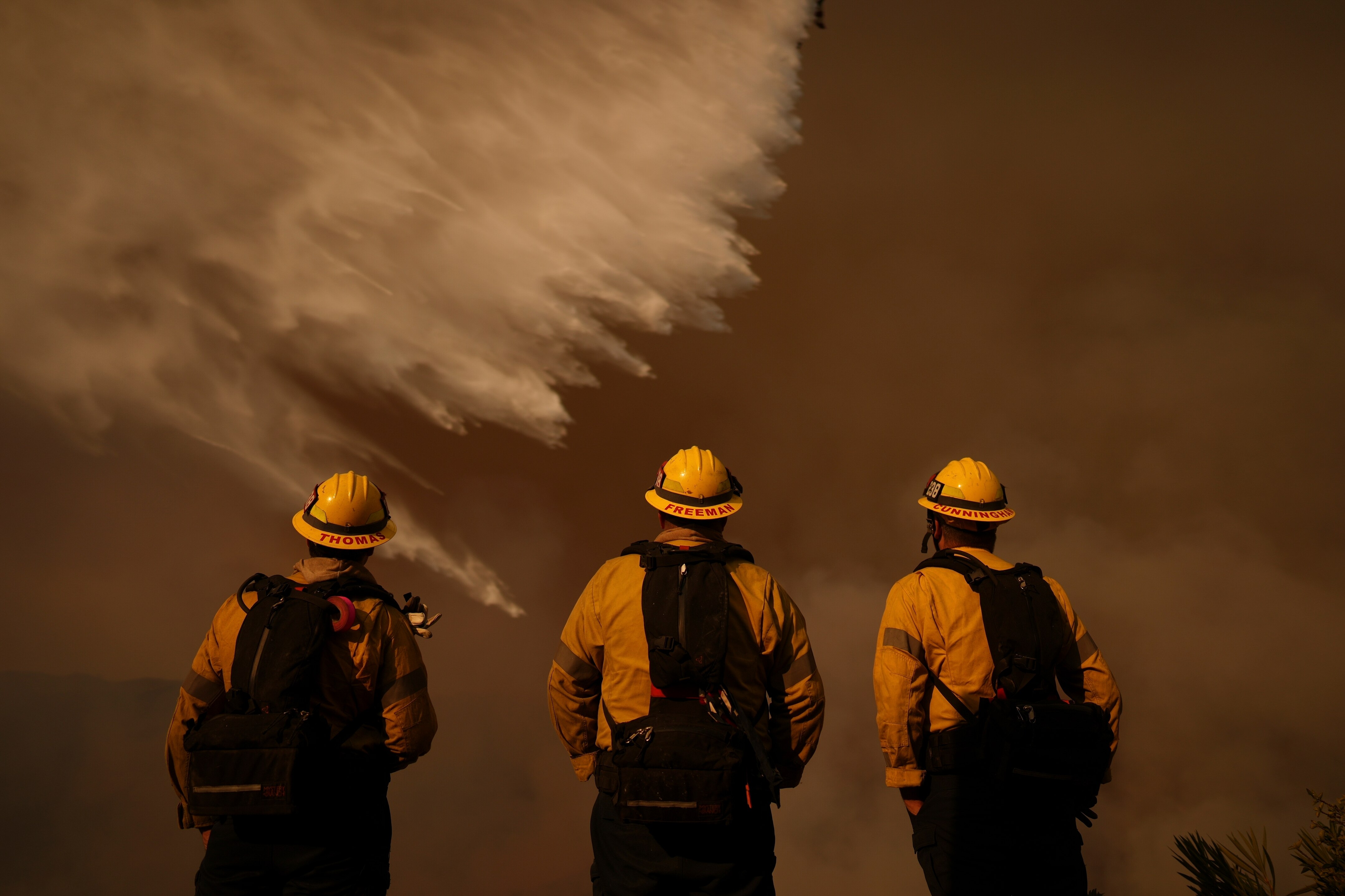 Firefighters watch water drops on the Palisades Fire in Mandeville Canyon on Saturday, Jan. 11, 2025, in Los Angeles. (AP Photo/Eric Thayer)