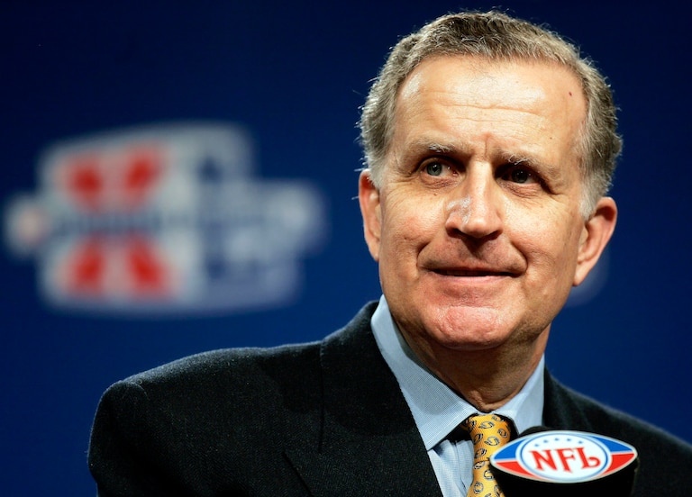 FILE - NFL Commissioner Paul Tagliabue delivers his State of the NFL remarks ahead of Super Bowl XL in Detroit, in this Friday, Feb. 3, 2006, file photo. Tagliabue will be enshrined as part of the 2020 class voted into the Pro Football Hall of Fame.