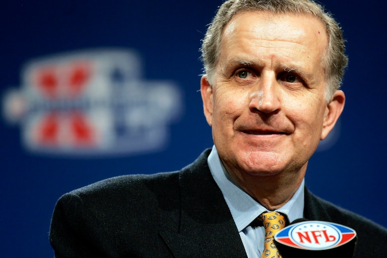 FILE - NFL Commissioner Paul Tagliabue delivers his State of the NFL remarks ahead of Super Bowl XL in Detroit, in this Friday, Feb. 3, 2006, file photo. Tagliabue will be enshrined as part of the 2020 class voted into the Pro Football Hall of Fame.