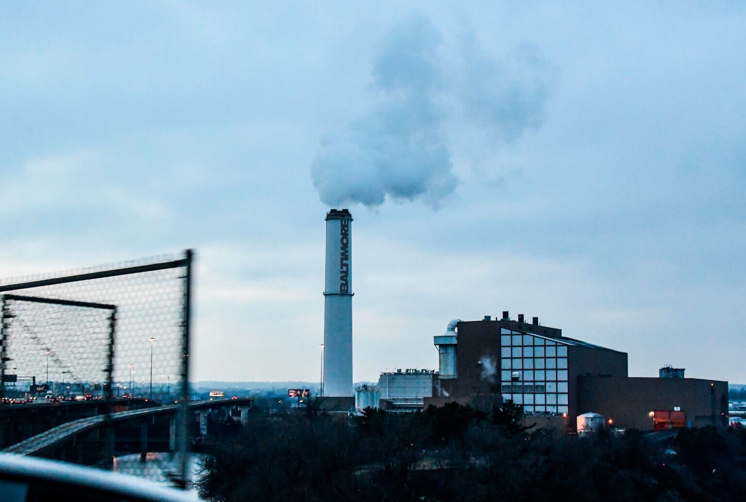 The smokestack of a waste-to-energy incinerator is seen near Interstate 95 in Baltimore, Maryland, on March 9, 2019. The incinerator is located in the Westport neighborhood of Baltimore.