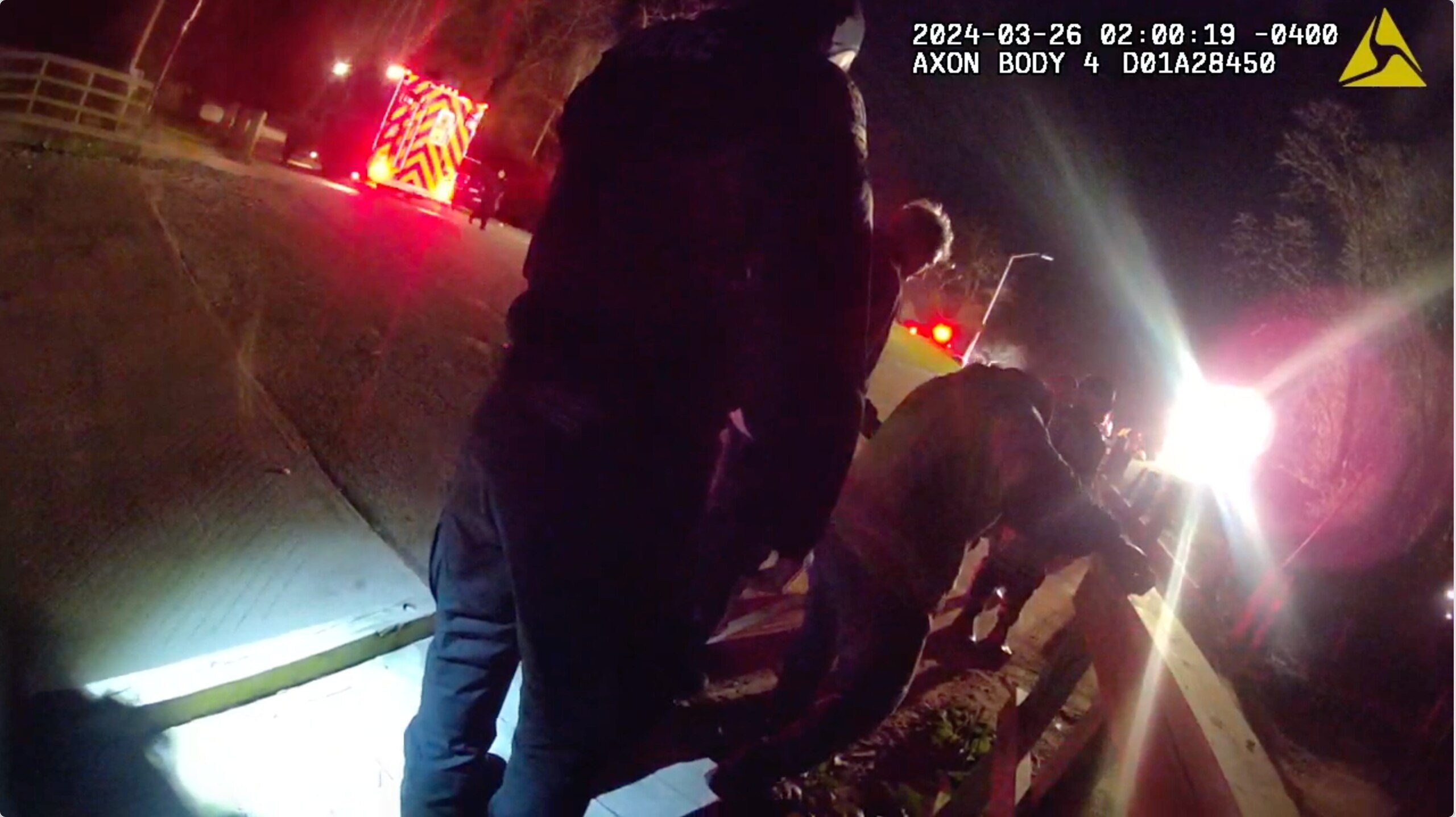 Body camera footage shows the moments after Julio Cervantes Suarez was rescued from the Key Bridge collapse on March 26, 2024.