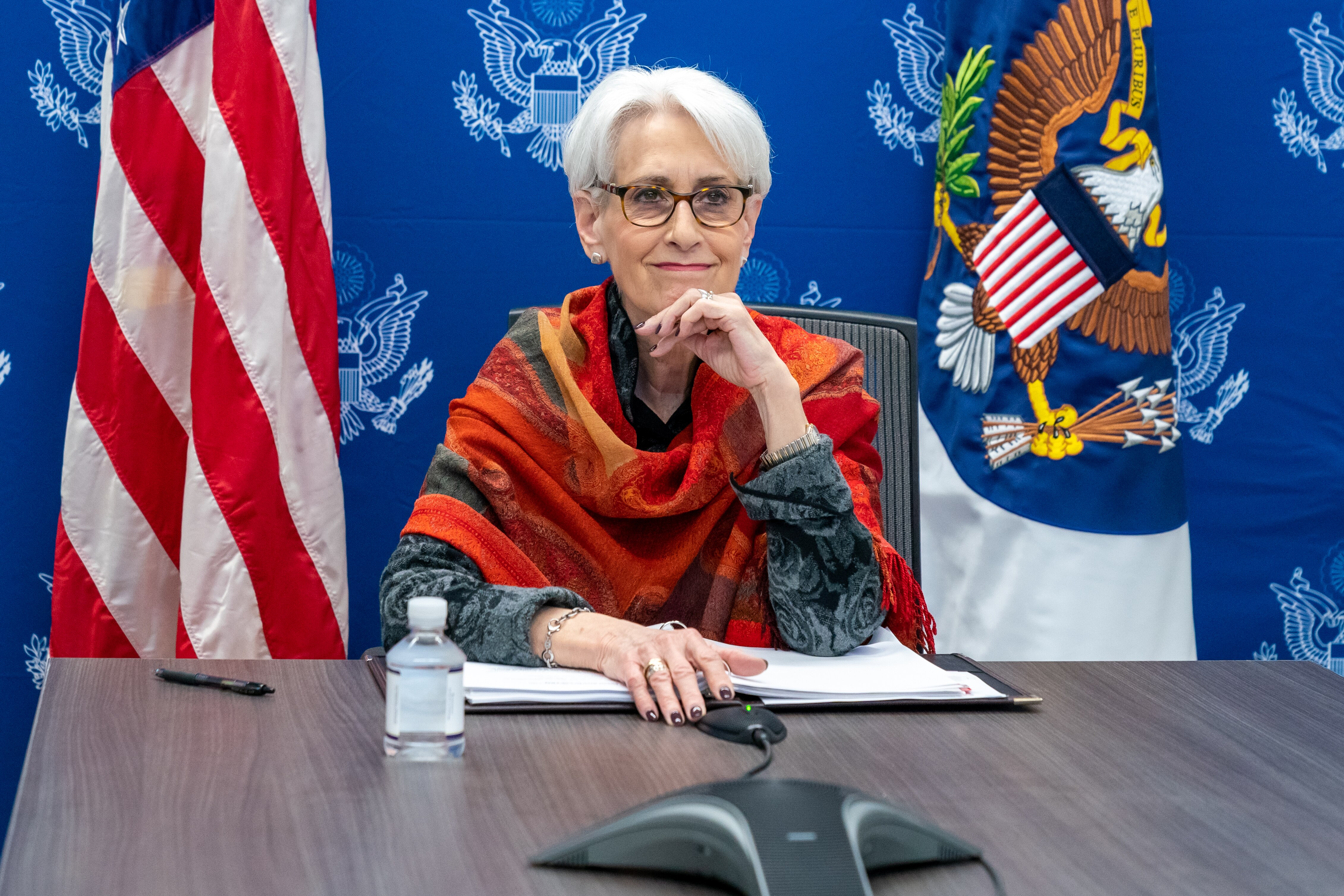 Deputy Secretary of State Wendy Sherman virtually meets with Bureau of Population, Refugees, and Migration staff to thank them for their work assisting refugees and displaced people around the world, at the U.S. Department of State, on March 24, 2022. Photo courtesy of Freddie Everett, U.S. State Department