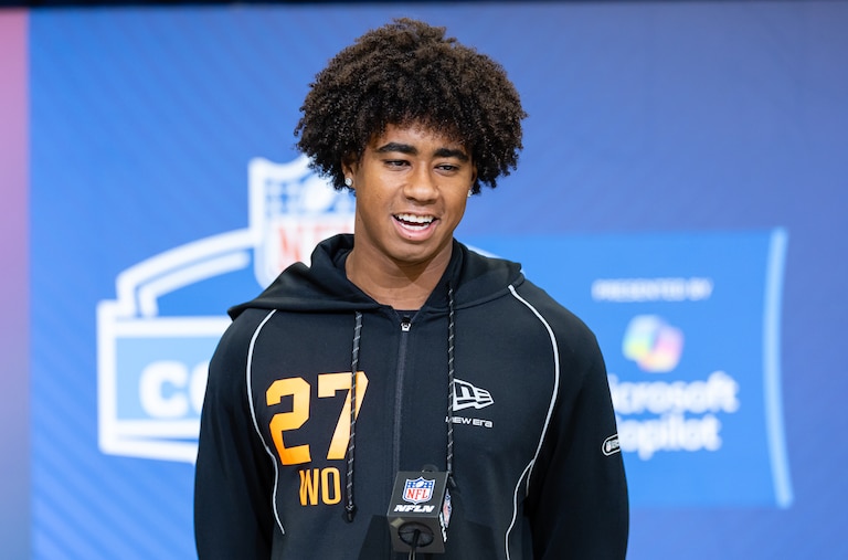Ja'Kobi Lane of the USC Trojans speaks to the media during the 2026 NFL Draft Combine at the Indiana Convention Center on February 27, 2026 in Indianapolis, Indiana.