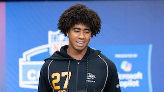 Ja'Kobi Lane of the USC Trojans speaks to the media during the 2026 NFL Draft Combine at the Indiana Convention Center on February 27, 2026 in Indianapolis, Indiana.