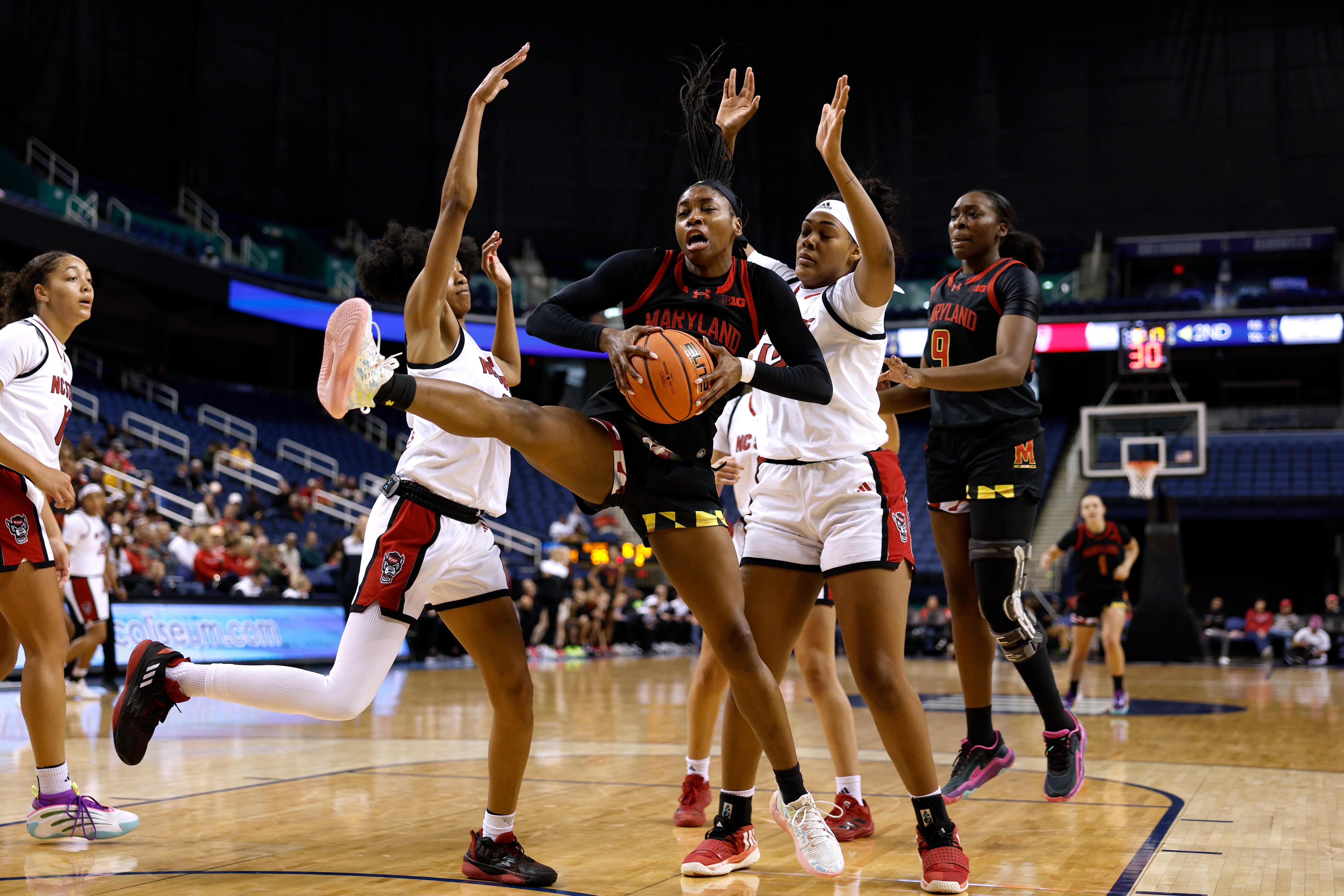 Maryland’s Oluchi Okananwa, pictured against NC State, scored 26 points Sunday against Purdue.