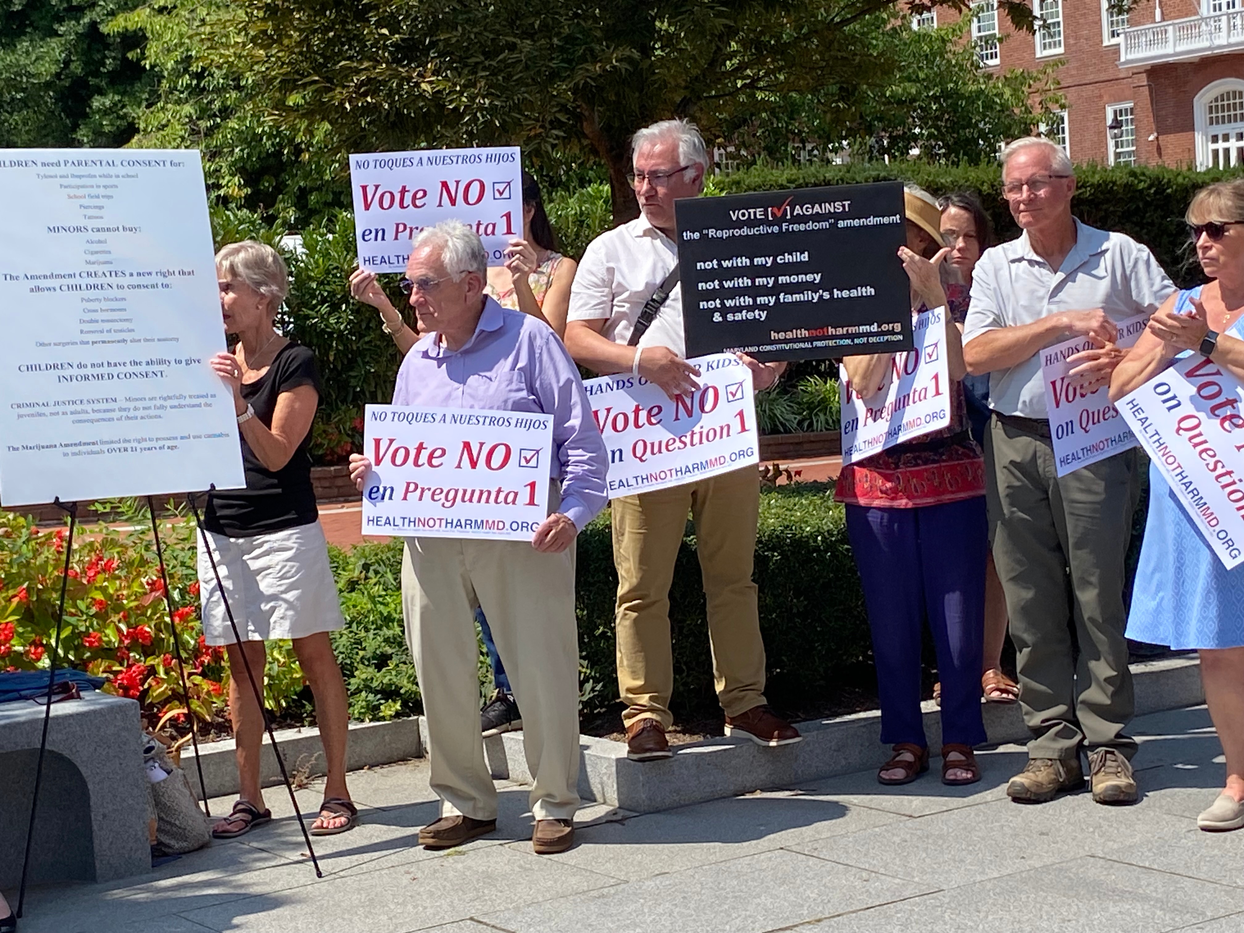Supporters of Health Not Harm Maryland rally in Annapolis on Thursday. The group is opposing a question on the fall ballot that would enshrine the right to abortion in the state constitution.