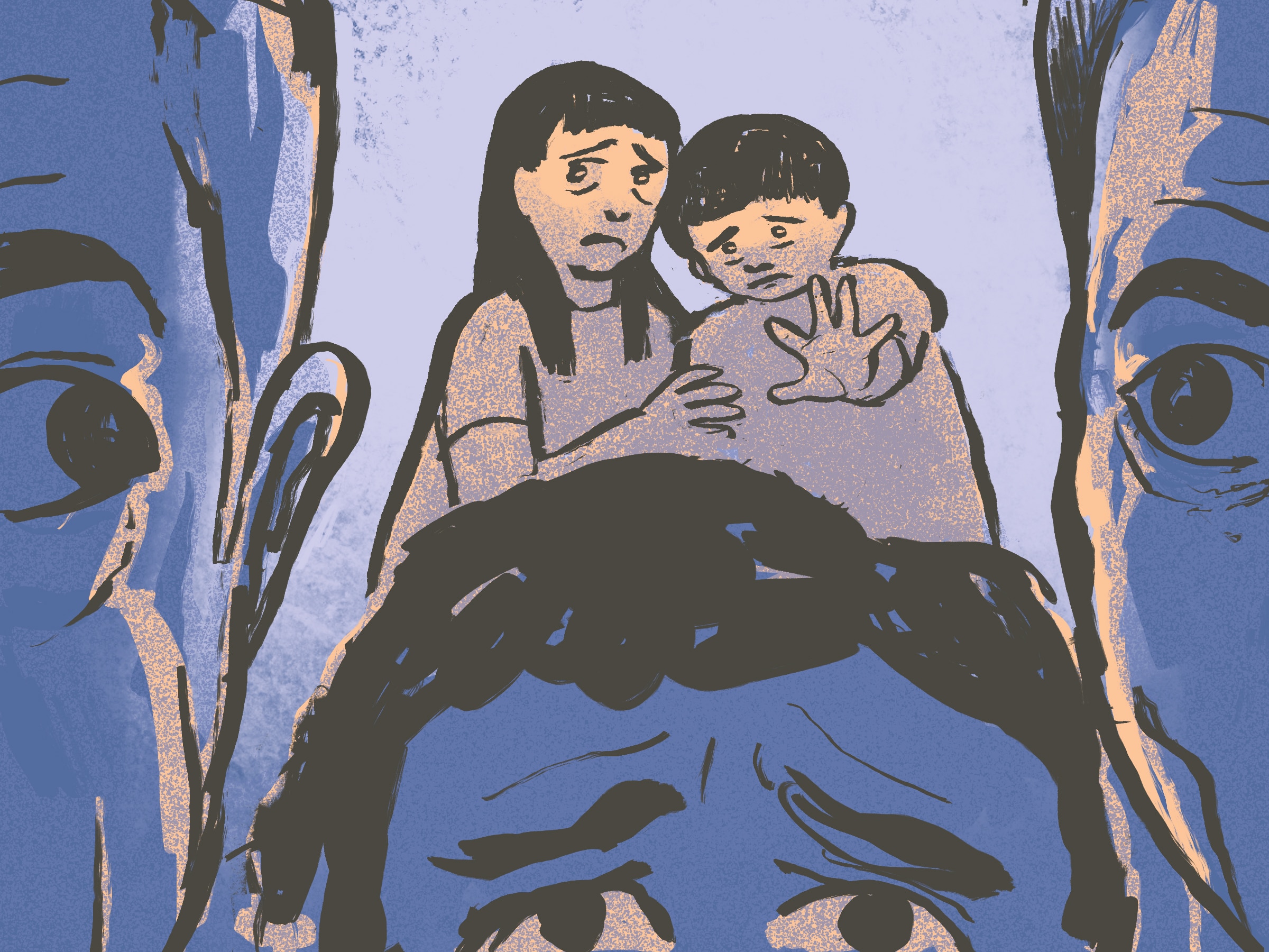 An illustration of a parent being detained by ICE while their children watch.