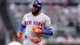 New York Mets outfielder Luis Robert Jr. celebrates hitting a two-run home run during the third inning against the Chicago White Sox on Aug. 22.