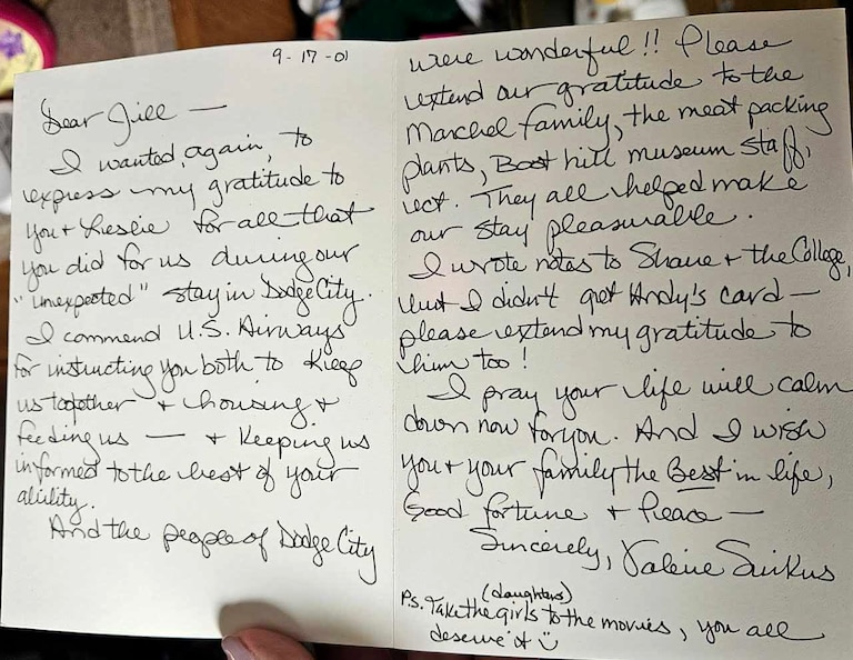 A letter that Jill Mitchell received from one of the passengers of US Airways Flight 29. Mitchell was the station manager for US Airways in Dodge City.