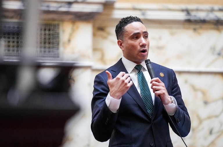 Sen. Will Smith, a Montgomery County Democrat, speaks during floor debate on crossover day at the Maryland State House in Annapolis, Md. on Monday, March 17, 2025. Any bill not passed by either the House or Senate by midnight on crossover day is likely defeated for the 2025 session.