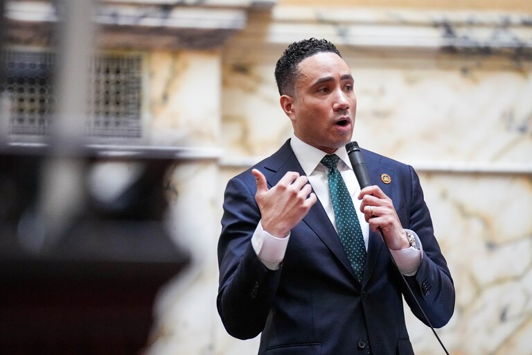 Sen. Will Smith, a Montgomery County Democrat, speaks during floor debate on crossover day at the Maryland State House in Annapolis, Md. on Monday, March 17, 2025. Any bill not passed by either the House or Senate by midnight on crossover day is likely defeated for the 2025 session.