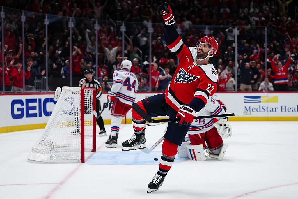 Washington Capitals center Boone Jenner celebrates after scoring a goal against the New York Rangers during the second period.