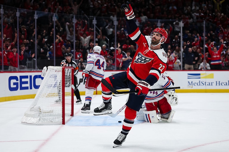 Washington Capitals center Boone Jenner celebrates after scoring a goal against the New York Rangers during the second period.