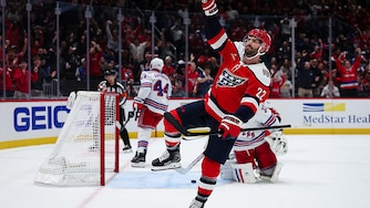 Washington Capitals center Boone Jenner celebrates after scoring a goal against the New York Rangers during the second period.