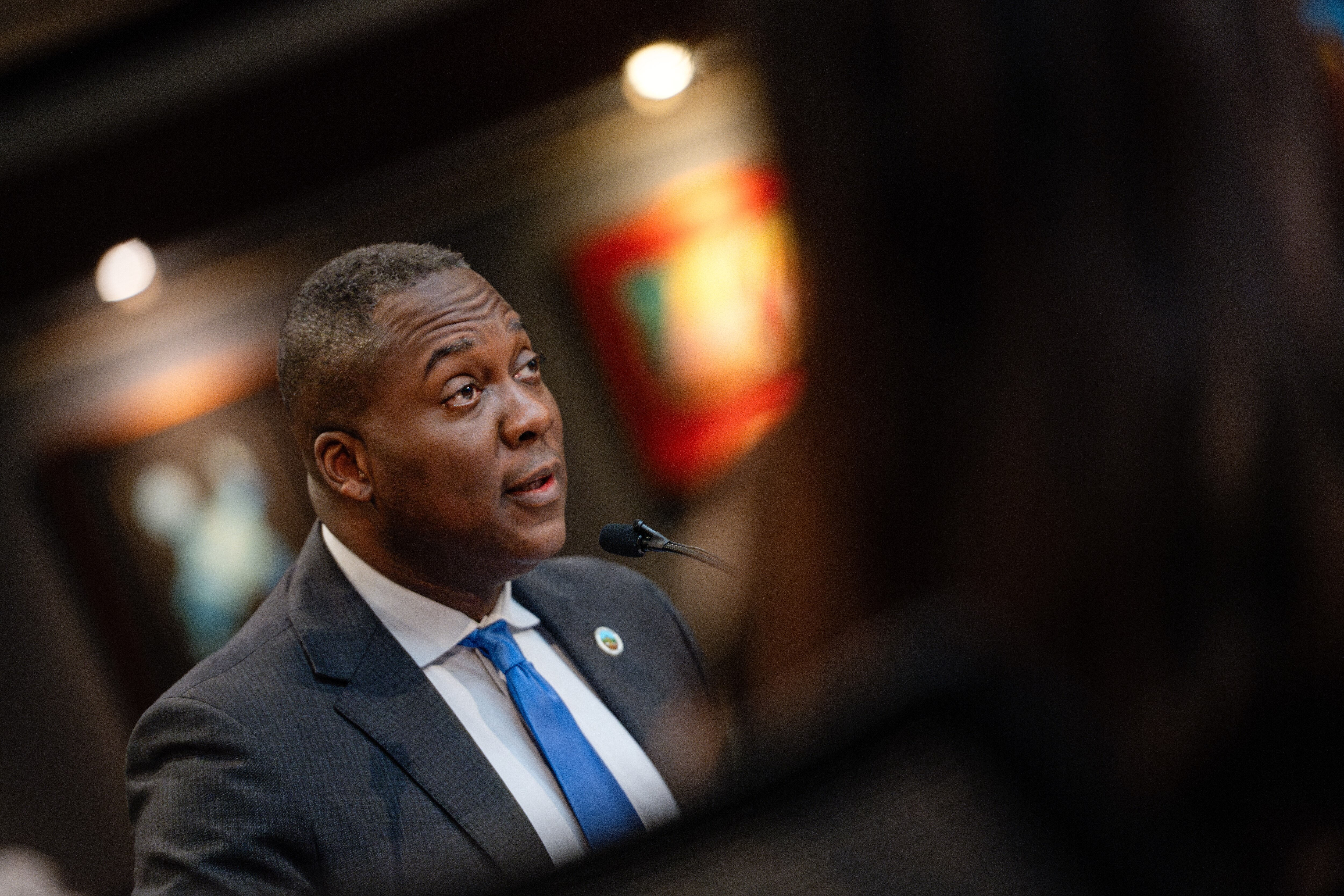 Howard County Executive Calvin Ball briefs the County Council on his proposed fiscal year 2026 budget on April 21, 2025.