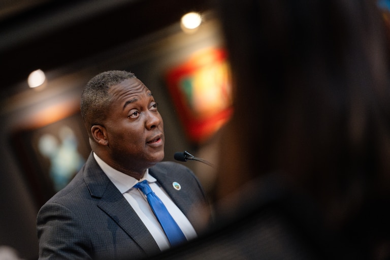 Howard County Executive Calvin Ball briefs the County Council on his proposed fiscal year 2026 budget on April 21, 2025.