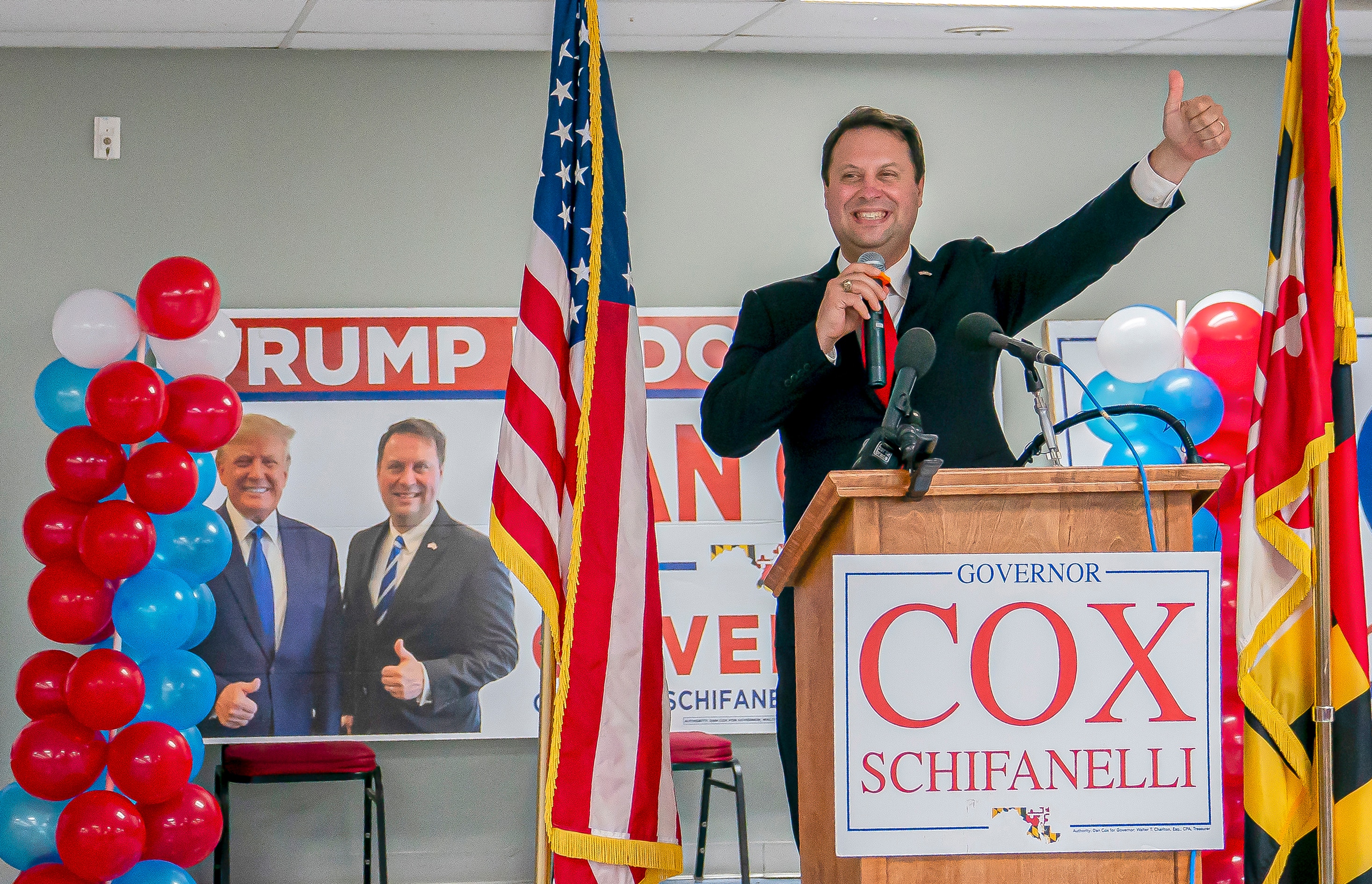 EMMITSBURG, MD - JULY 19:  Republican gubernatorial candidate Dan Cox reacts to his primary win on July 19, 2022 in Emmitsburg, Maryland. Cox, who is supported by former President Donald Trump, is running to replace term-limited Republican Gov. Larry Hogan.