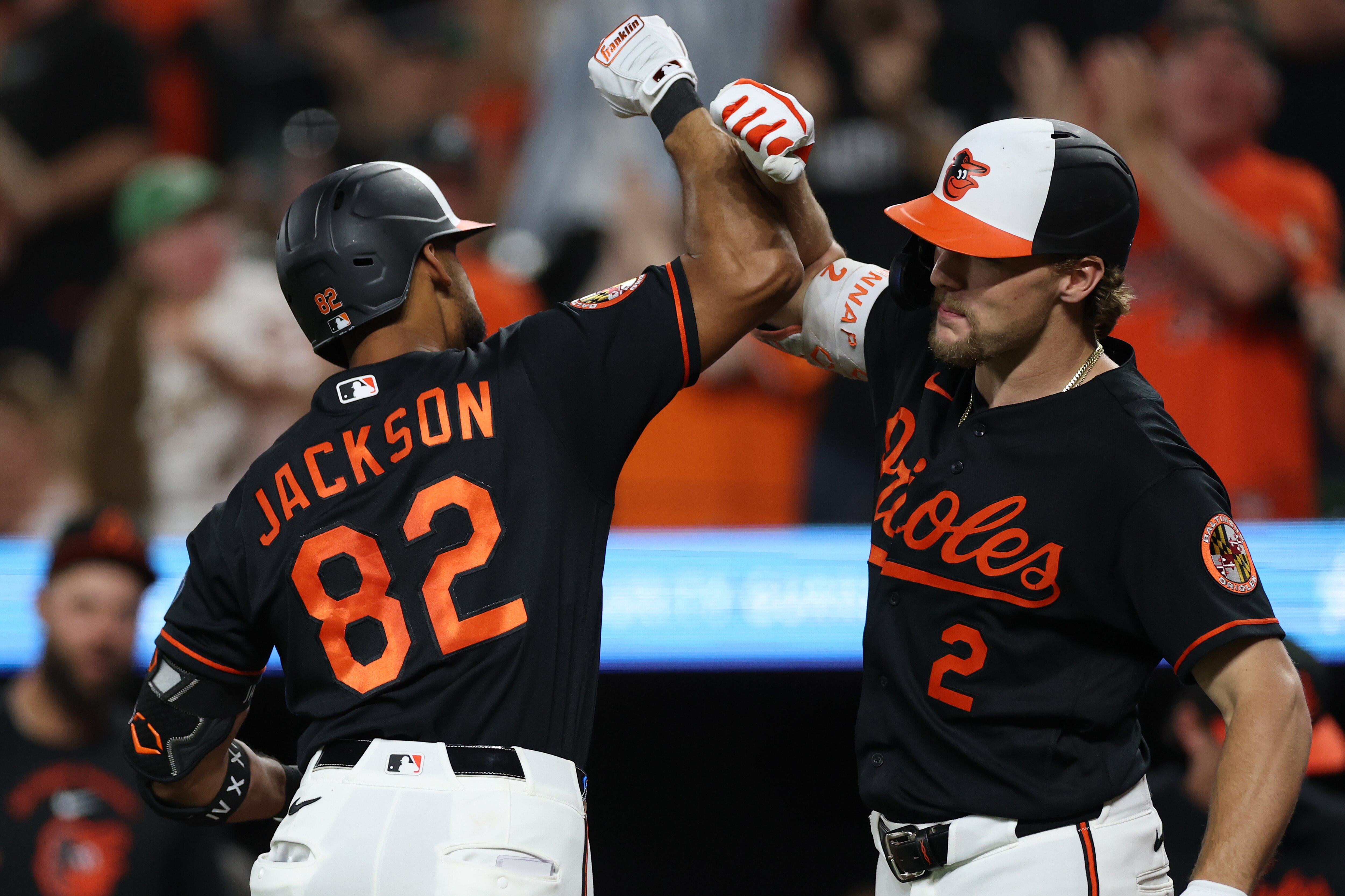 Jeremiah Jackson celebrates his grand slam with Gunnar Henderson during the Orioles’ win over the Diamondbacks on Monday.