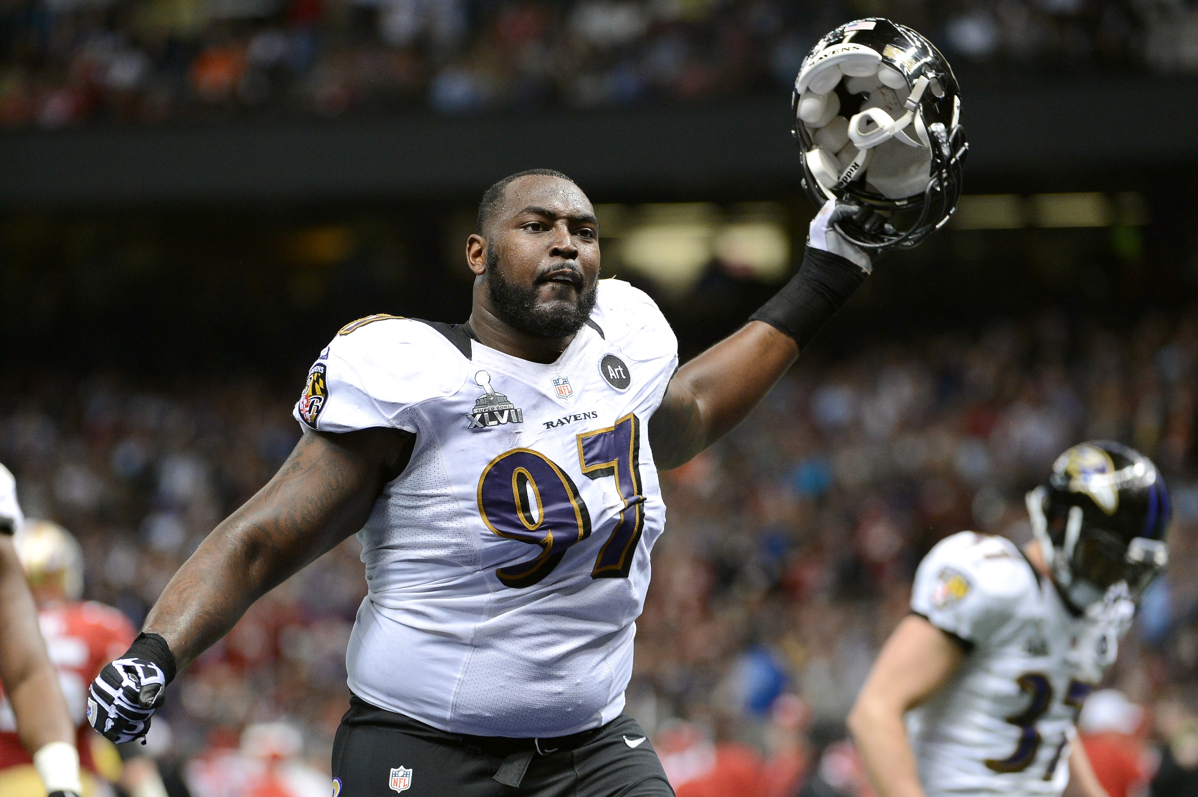 Arthur Jones heads to the locker room at halftime of the Ravens’ Super Bowl XLVII victory over the San Francisco 49ers.