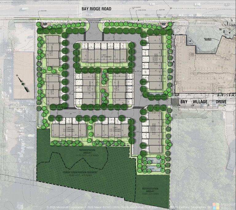 An initial rendering shows 49 townhomes in a proposed development south of Bay Ridge Drive in Annapolis. The property owners are petitioning the city for annexation.