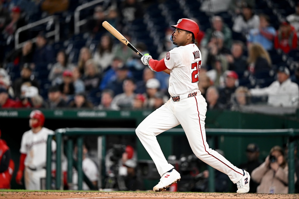 James Wood #29 of the Washington Nationals hits a three-run home run in the eighth inning against the St. Louis Cardinals at Nationals Park on April 06, 2026 in Washington, D.C.