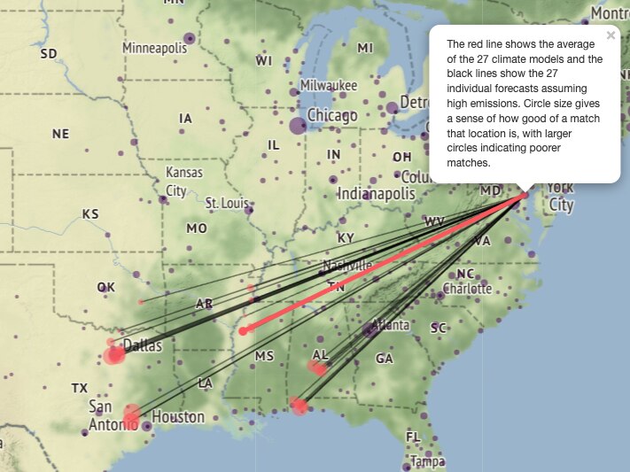 A map shows what cities Baltimore's climate might be comparable to in the near future based on different climate models. The map shows the continental U.S. with many lines leading from Baltimore to areas in the Deep South