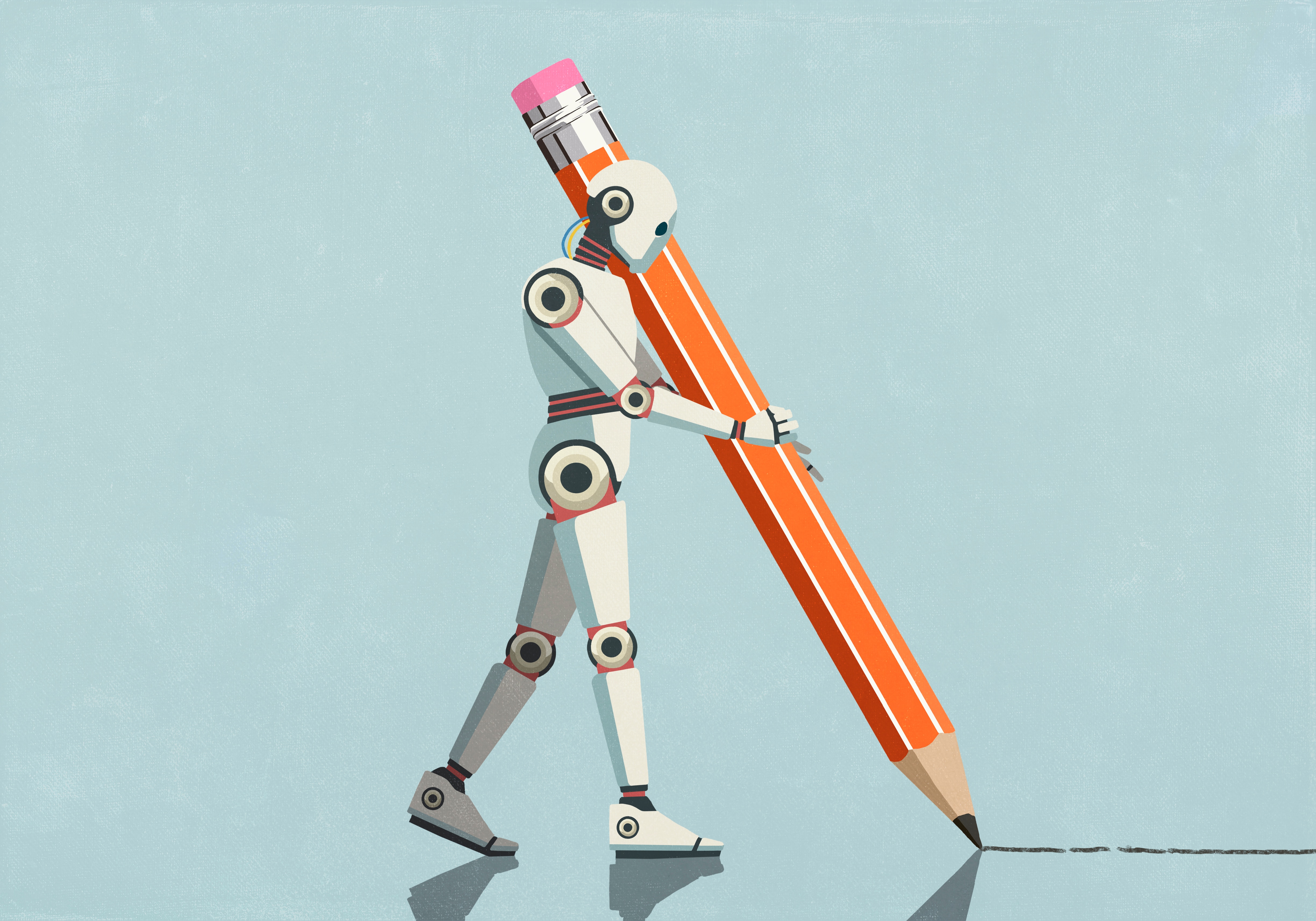 Humanoid robot with large pencil drawing line on blue background