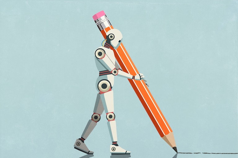 Humanoid robot with large pencil drawing line on blue background
